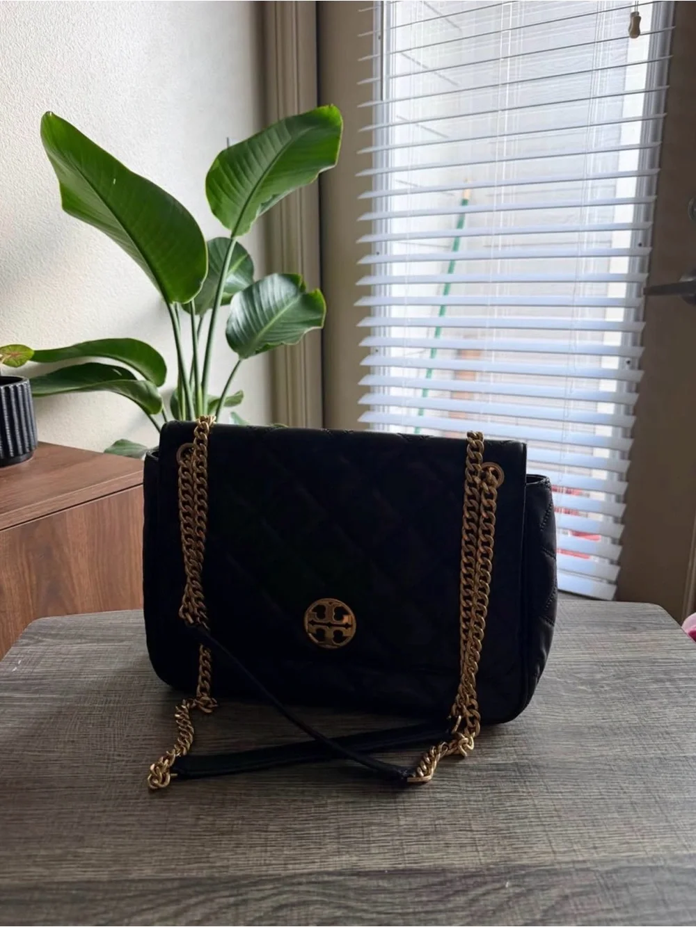 Tory Burch Black Quilted Shoulder Bag with Gold Chain